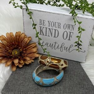 Hinged Metal Cuff Bangle Bracelets Blue & Brown